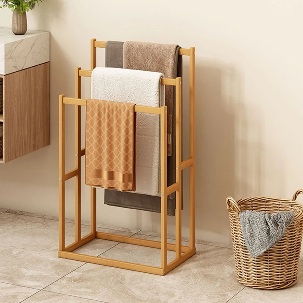 Wood vertical standing towel rack with 3 hanging crossbars in natural finish for bathroom storage