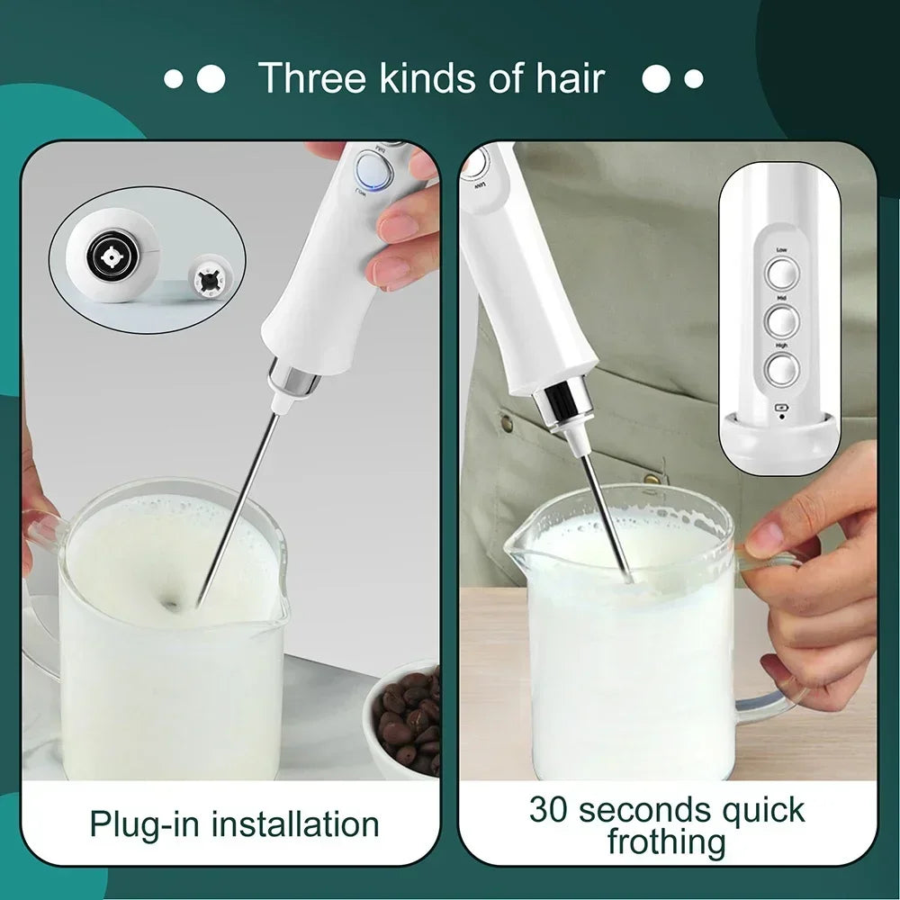USB rechargeable milk frother handheld with stainless steel whisk; 3-speed control