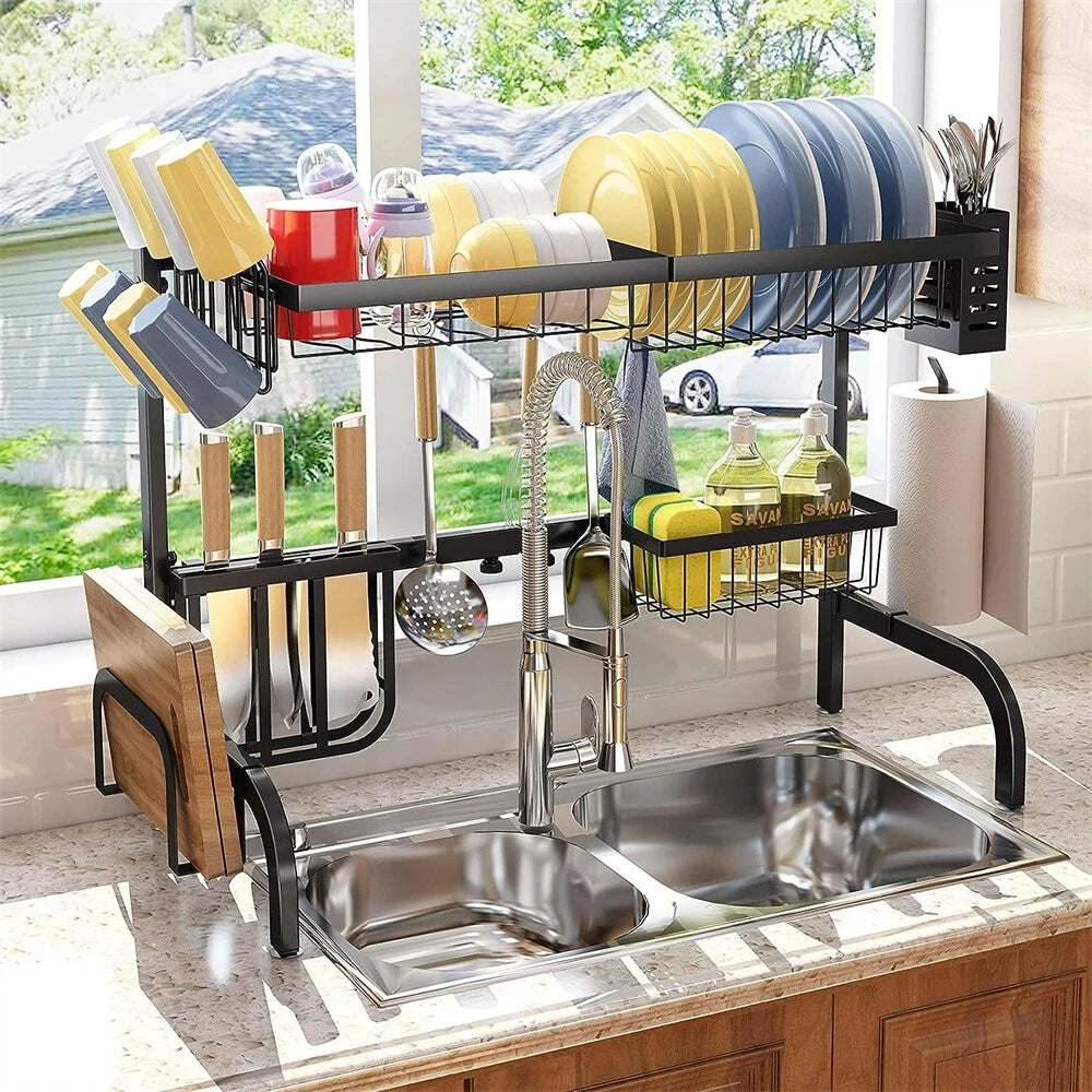 Over-the-sink dish drying rack in black stainless steel with utensil and knife holders and hooks