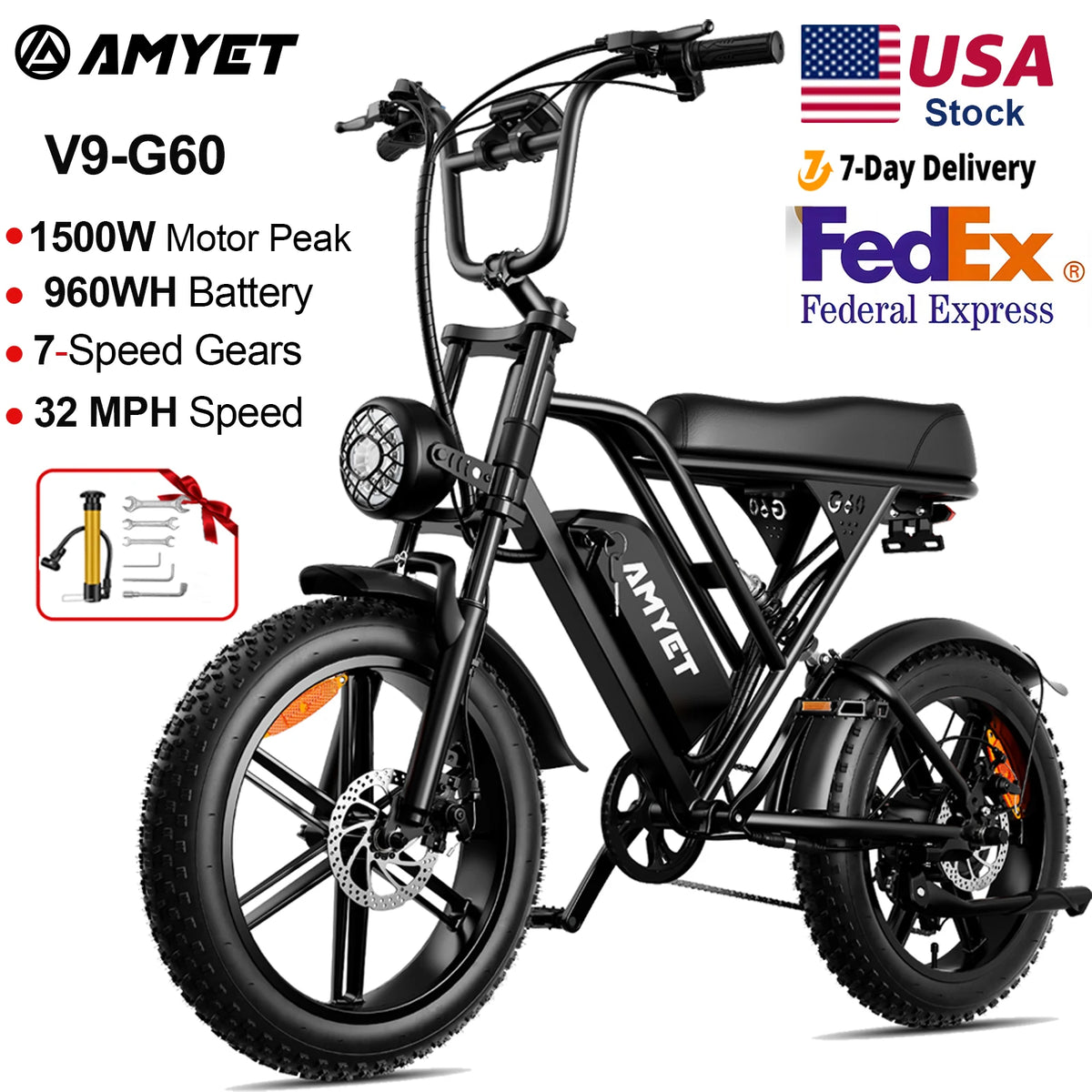 AMYET V9-G60 electric bike, black frame with 20-inch tires, 1500W peak motor, 960Wh battery