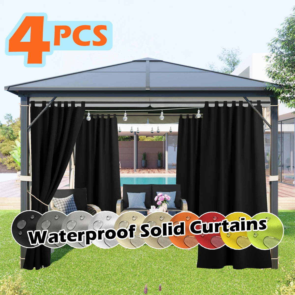 4-panel outdoor curtains, waterproof UV-resistant, black tab-top design for gazebo/porch.