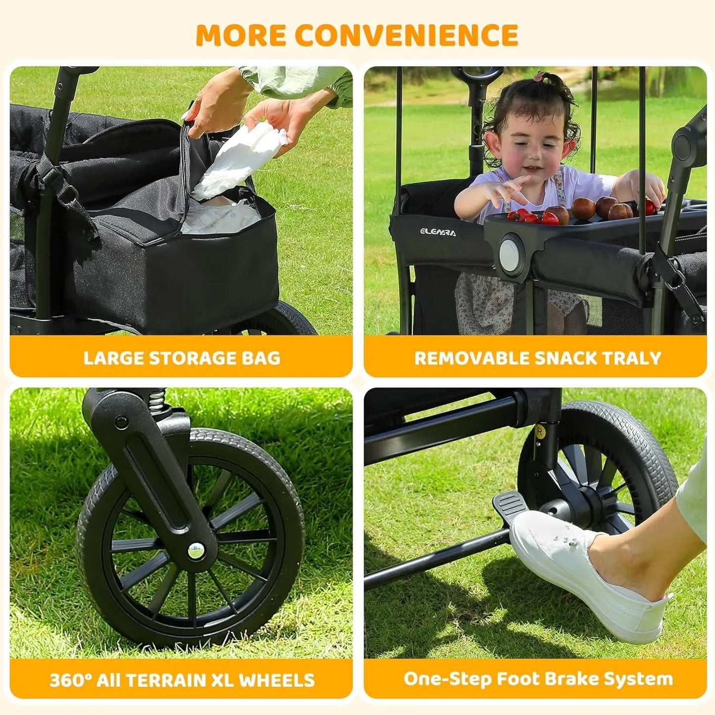 Foldable All-Terrain Wagon Stroller for Two Kids With Removable Canopy