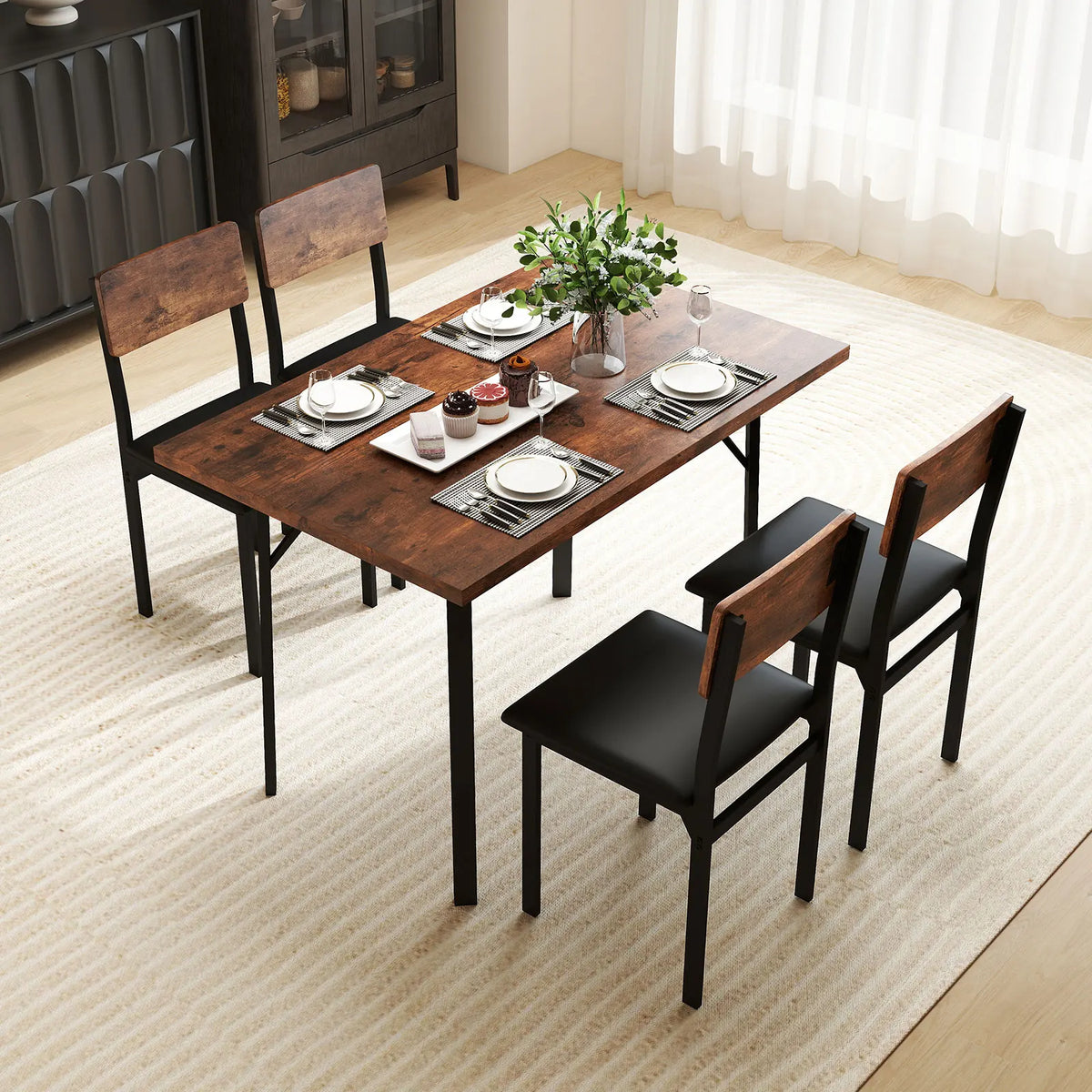 5-piece dining set for 4 featuring a dark wood rectangular table and four wood-and-black chairs