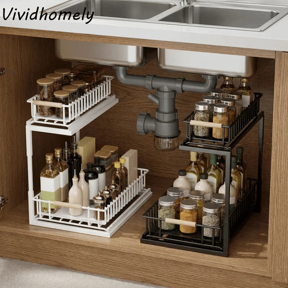 Carbon steel 2-tier under-sink organizer with white and black slide-out storage racks