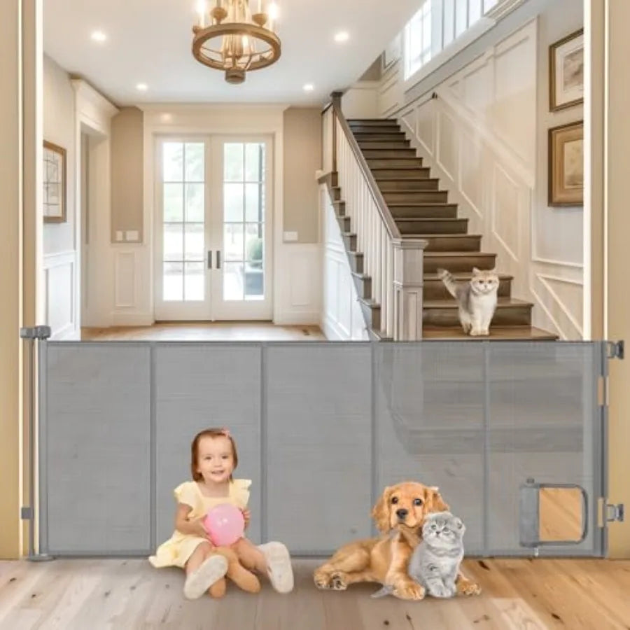 Reinforced Extra Wide Retractable Pet Gate With Cat Door For Doorways by S And B Enterprise