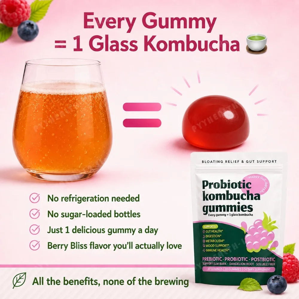 Probiotic Kombucha Gummies Every Gummy 1 Glass Kombucha Prebiotic Postbiotic Digestive Gut Health Vegan Berry Bliss 30 Gummies by S And B Enterprise