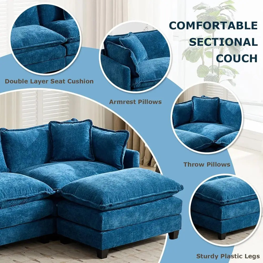 Luxe 77.95 L-Shaped Comfortable Sectional Sofa with Ottoman, 2-Seat Deep Seating Living Room Set, Blue by S And B Enterprise