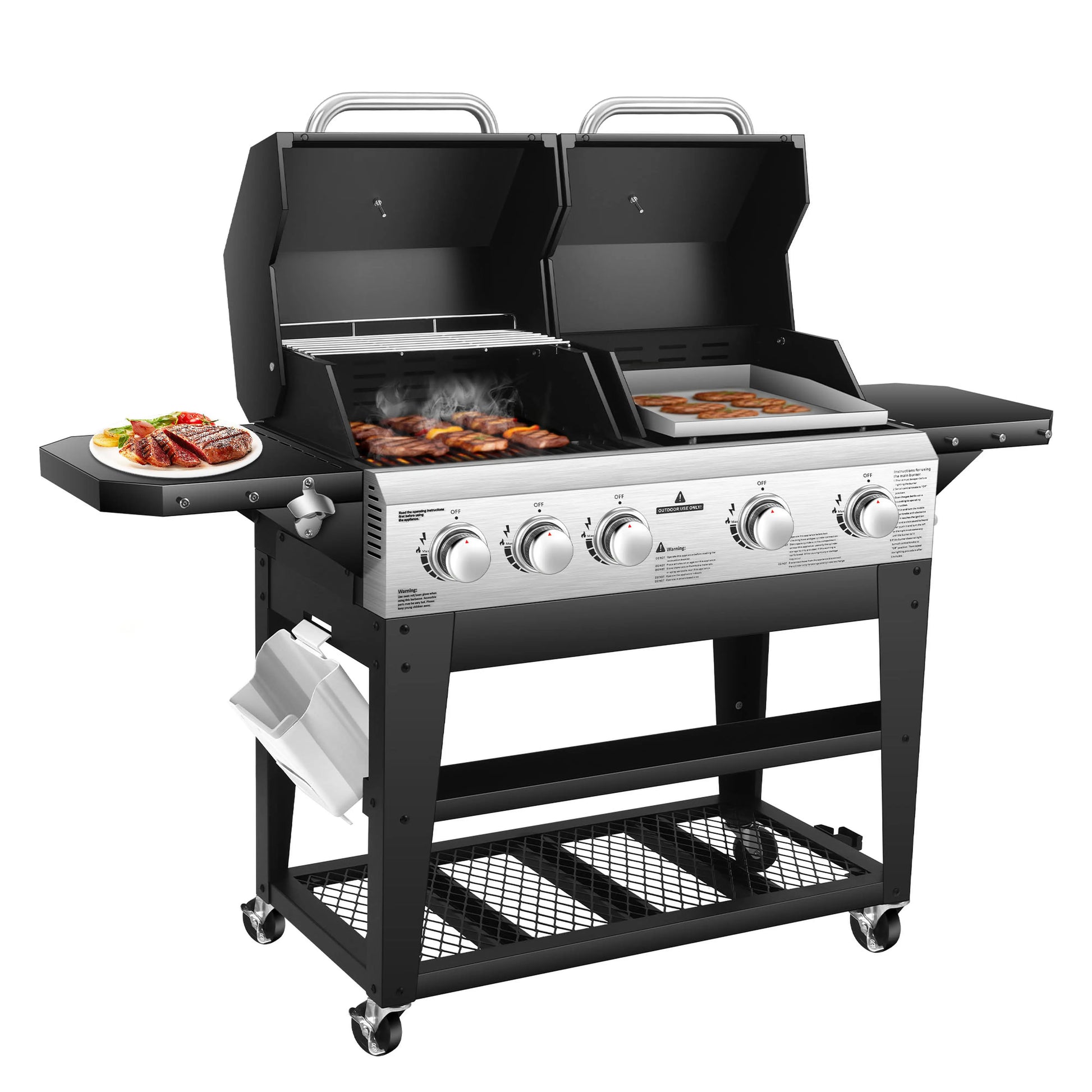 Gas Grill & Flat Top Griddle Combo 54,000 BTU Dual Cooking System,5-Burner Grill Stove Stainless Steel Panel,for Outdoor Cooking by S And B Enterprise