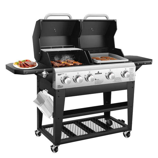 Gas Grill & Flat Top Griddle Combo 54,000 BTU Dual Cooking System,5-Burner Grill Stove Stainless Steel Panel,for Outdoor Cooking by S And B Enterprise