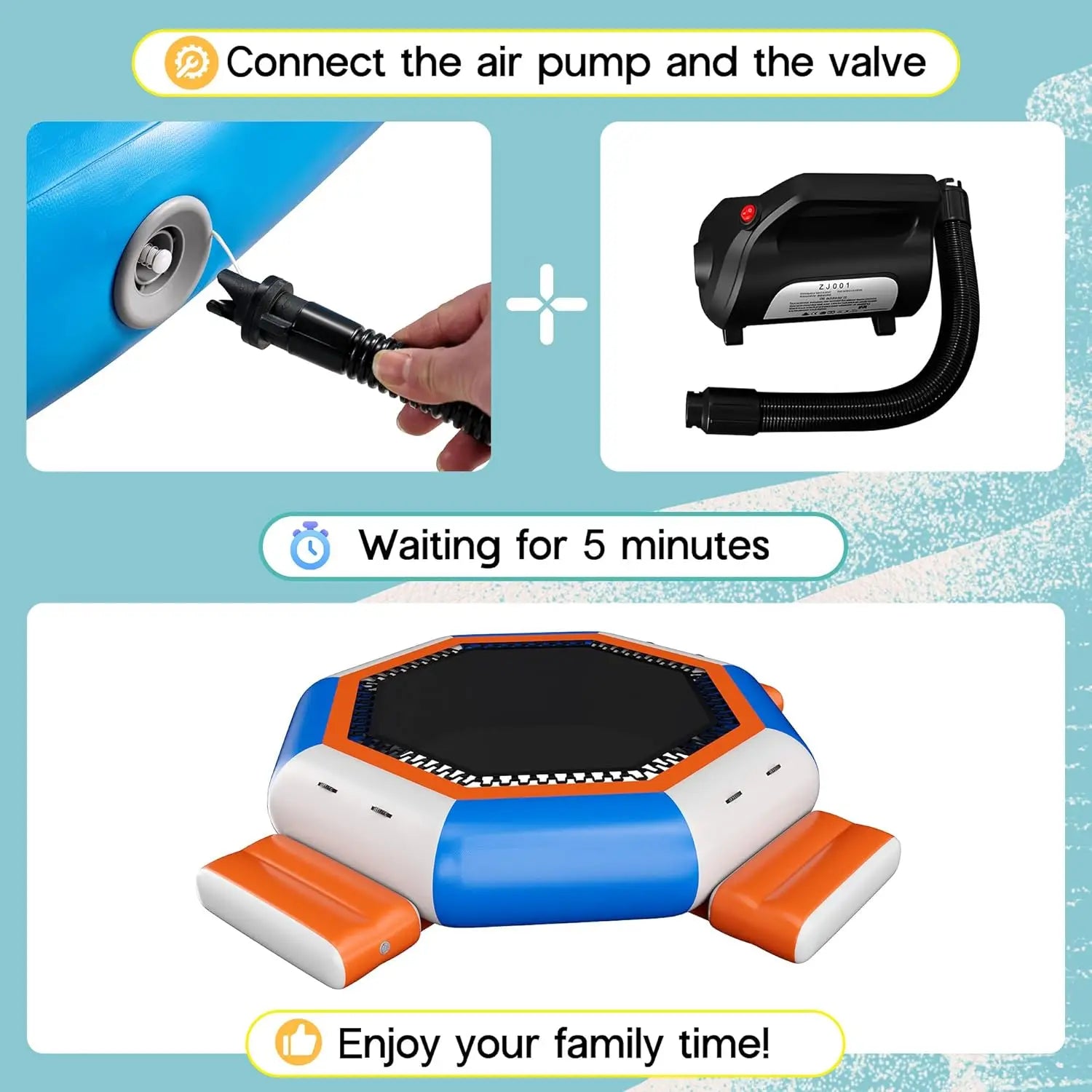 S And B Enterprise inflatable water trampoline, 15ft with 3 platforms, blue/orange/white, durable PVC