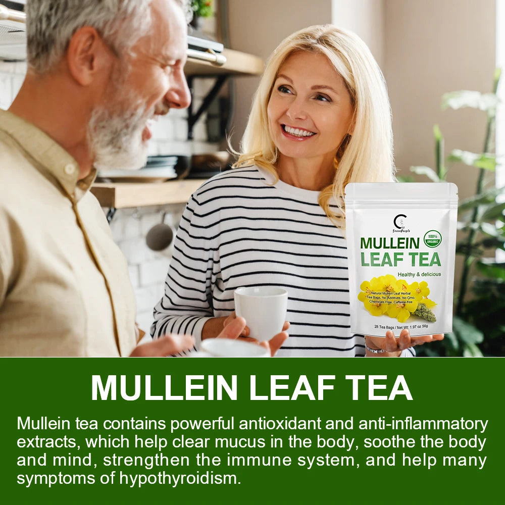 Mullein Leaf Tea pouch held by smiling woman in a striped shirt; white packet with green text and a yellow flower