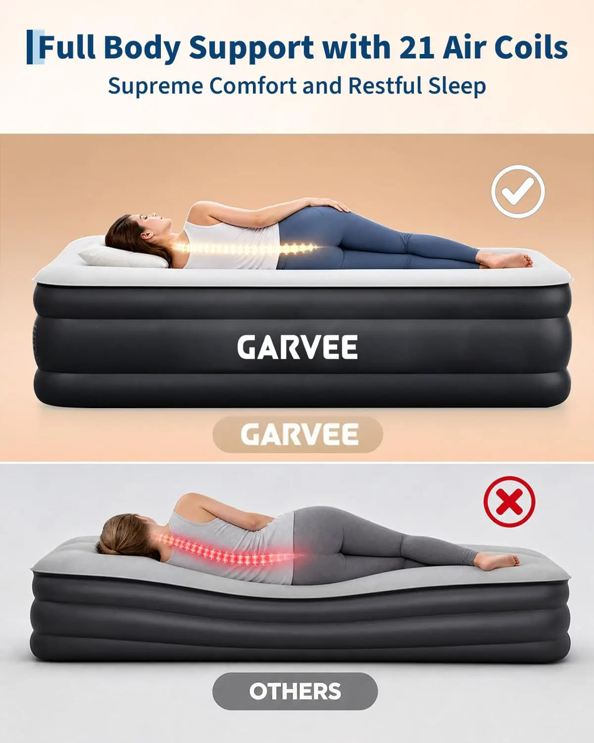 Air mattress by GARVEE, 20in raised with built-in pump; twin/queen, leakproof PVC.