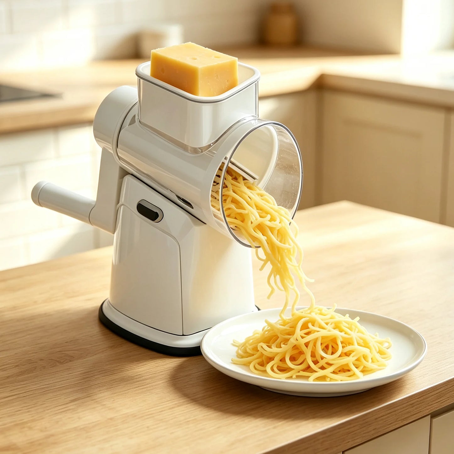 Cheese Grater with Rotary Hand Crank, Vegetable Chopper with Replaceable Stainless Blades, Strong Suction Base, Easy-Clean Multipurpose Kitchen Slicer