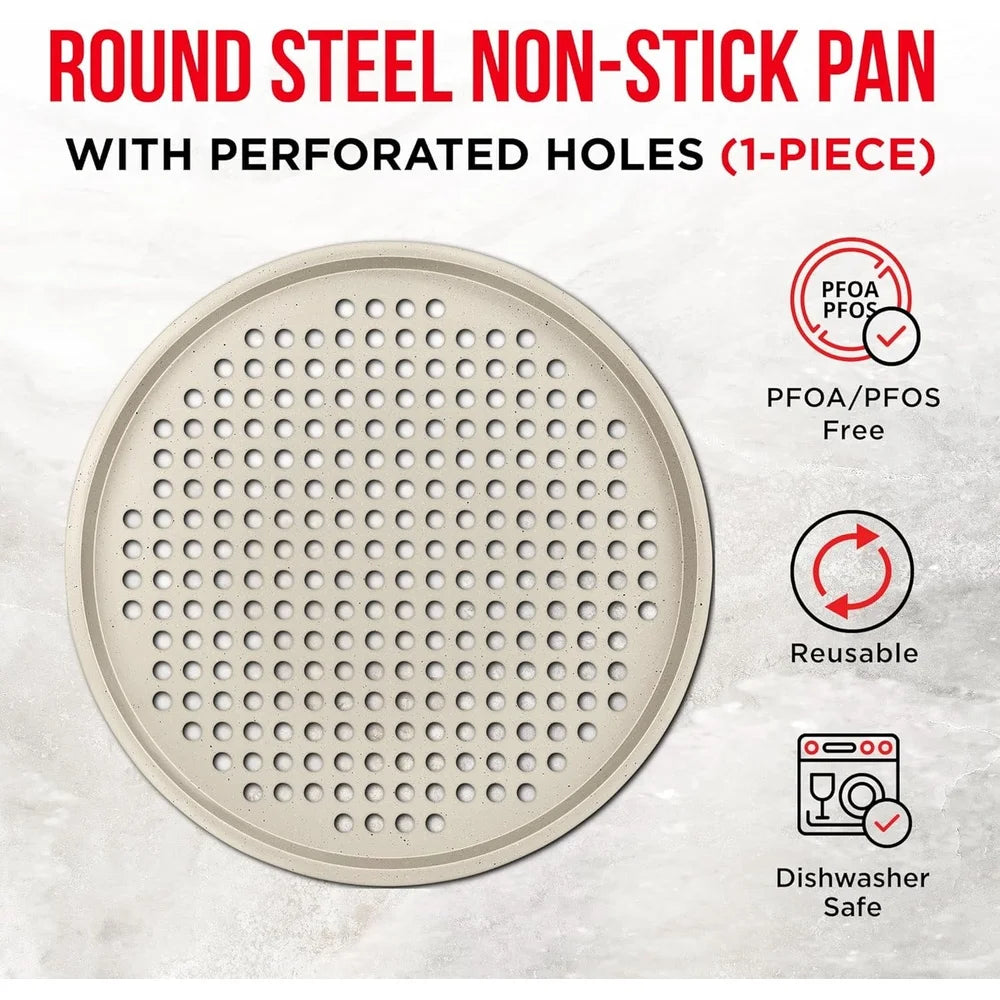 Nonstick Pizza Pan Carbon Steel Perforated Tray With Silicone Handle