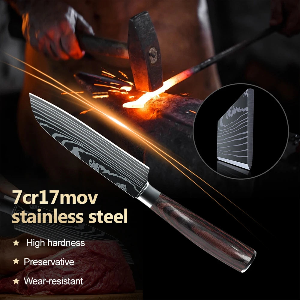 MDHAND Damascus Pattern Stainless Steel Santoku Knife Set