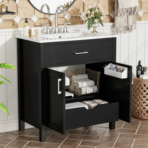 30" Small Bathroom Vanity Sink Soft Close Doors Cabinet Storage Undermount Ceramic Sink Organizer Cabinet for Compact Bathroom