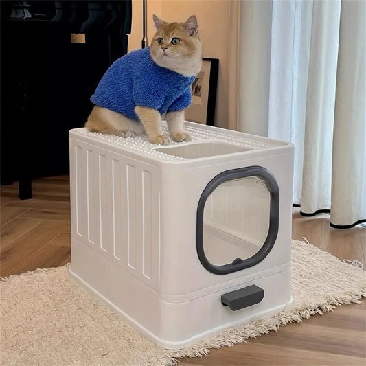 Leak-Proof Enclosed Cat Litter Box With Drawer Scoop Lid