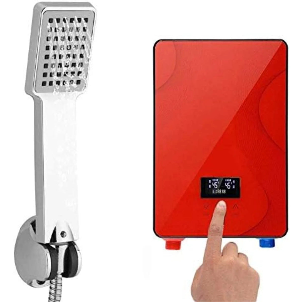 6500W red wall-mounted instant electric tankless water heater with LED display and handheld shower head