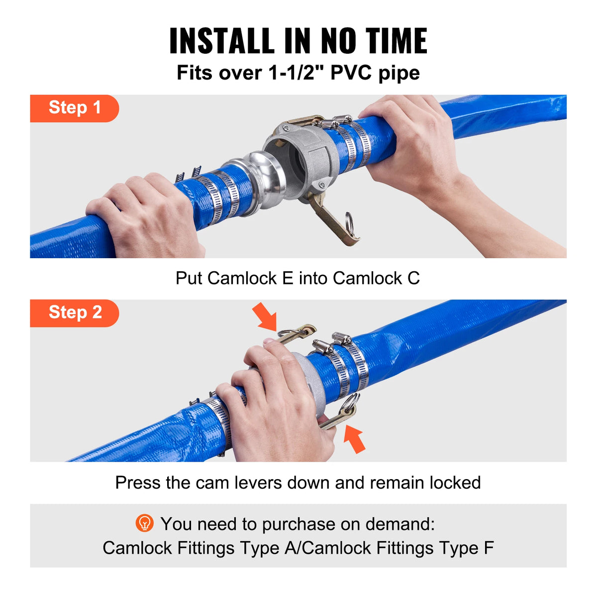 SucceBuy pool drain hose, blue PVC 2 in x 50 ft with aluminum camlock C/E connectors and clamps