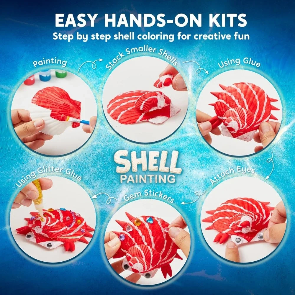Shell painting kit for kids, 12-piece set with red-striped shells, glue, glitter, gems, and eyes