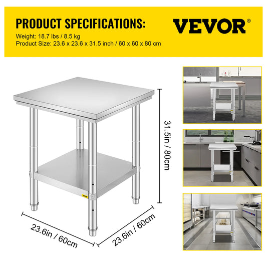 VEVOR stainless steel kitchen work table with undershelf, 60x60x80 cm, 330 lbs capacity