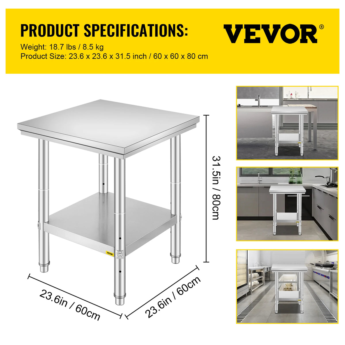 Stainless steel kitchen work bench with undershelf, VEVOR brand, 60x60x80 cm
