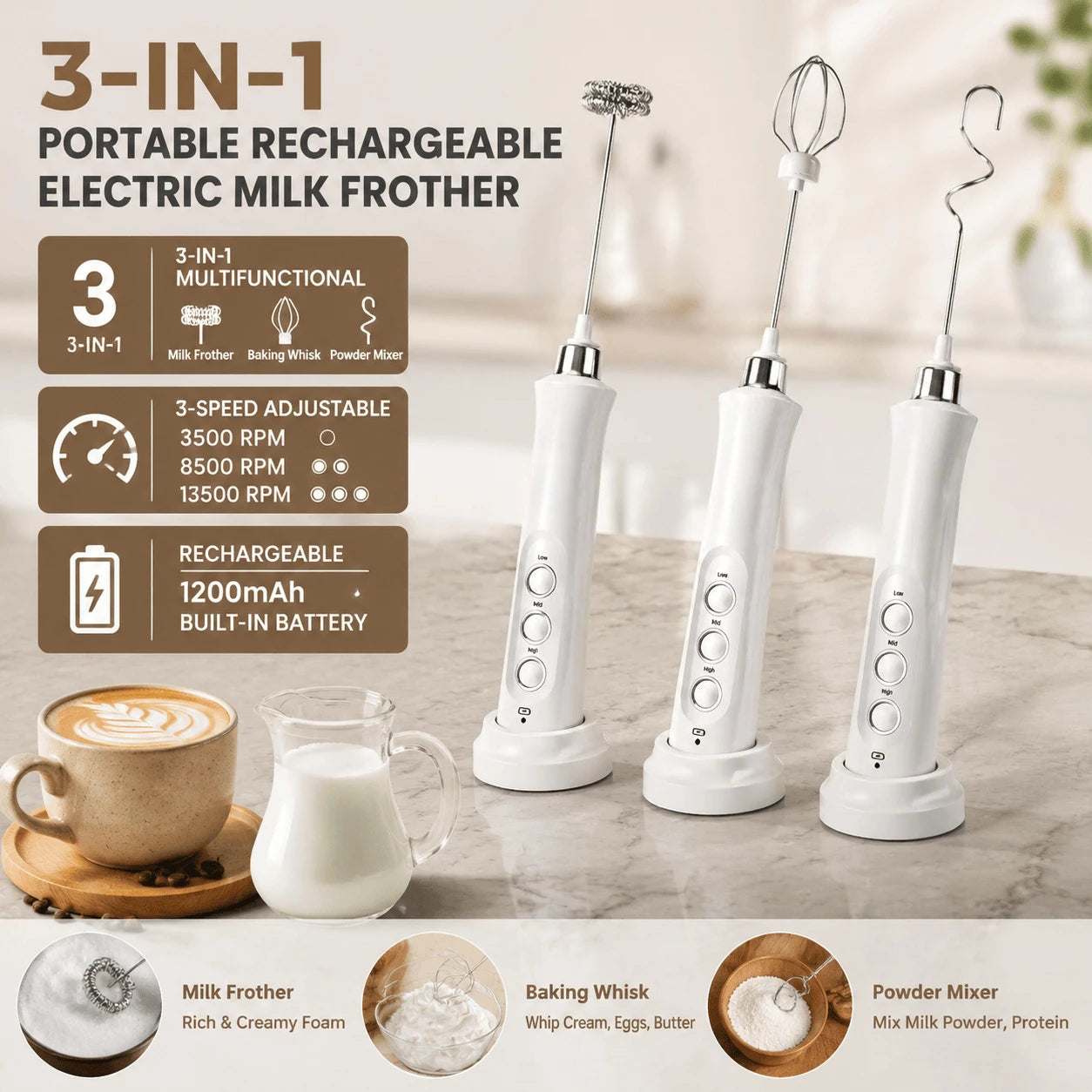 Milk frother 3-in-1 USB rechargeable handheld mixer with stainless steel whisks and charging bases