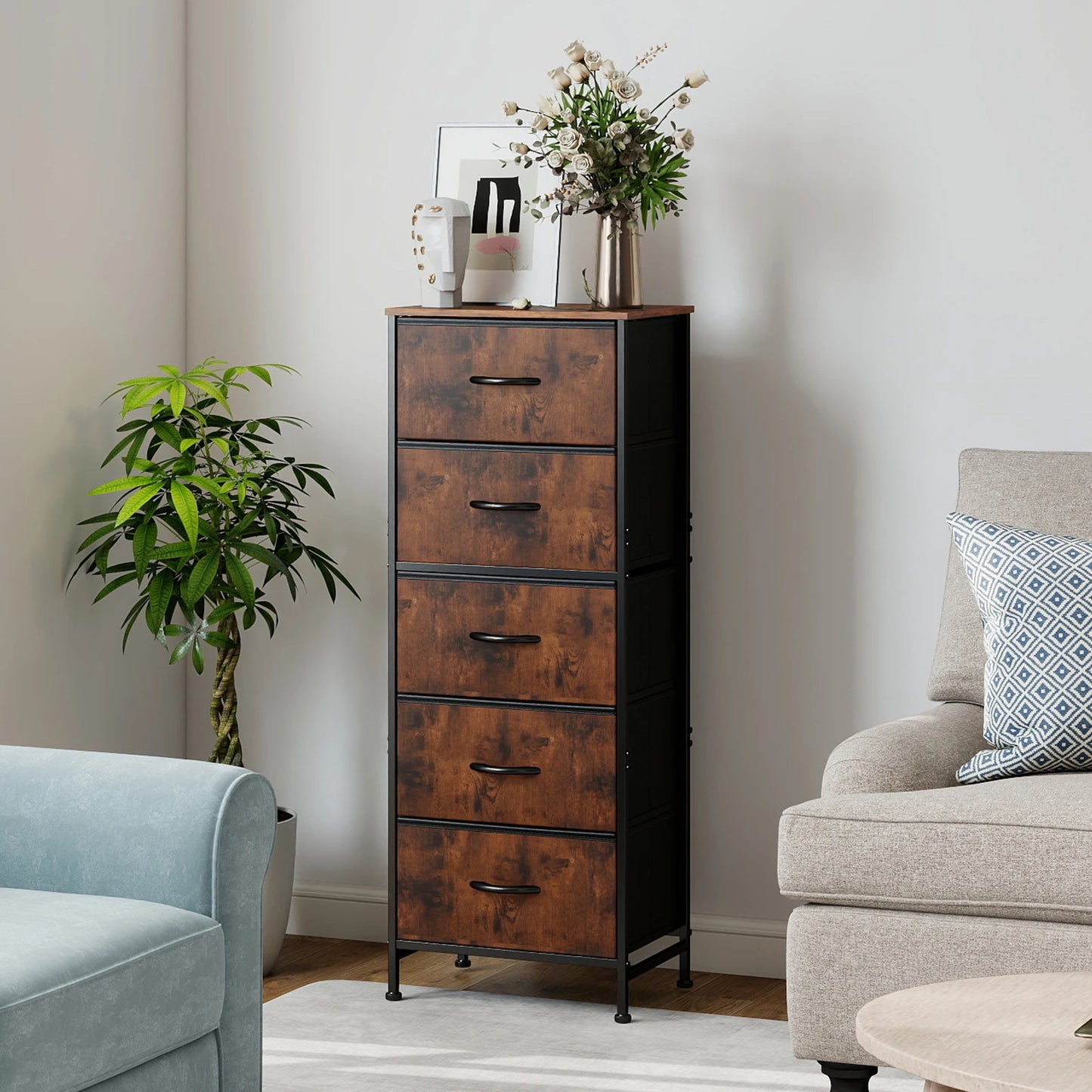 JHK 48IN Dresser For Bedroom With 5 Fabric Drawers Nightstand Wardrobe Steel Frame Closet For Clothes Storage Cabinet Furniture by S And B Enterprise