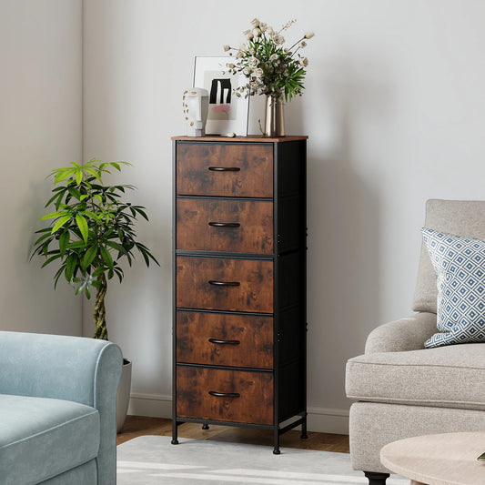 JHK 5-Drawer Modern Nightstand with steel frame in brown wood finish
