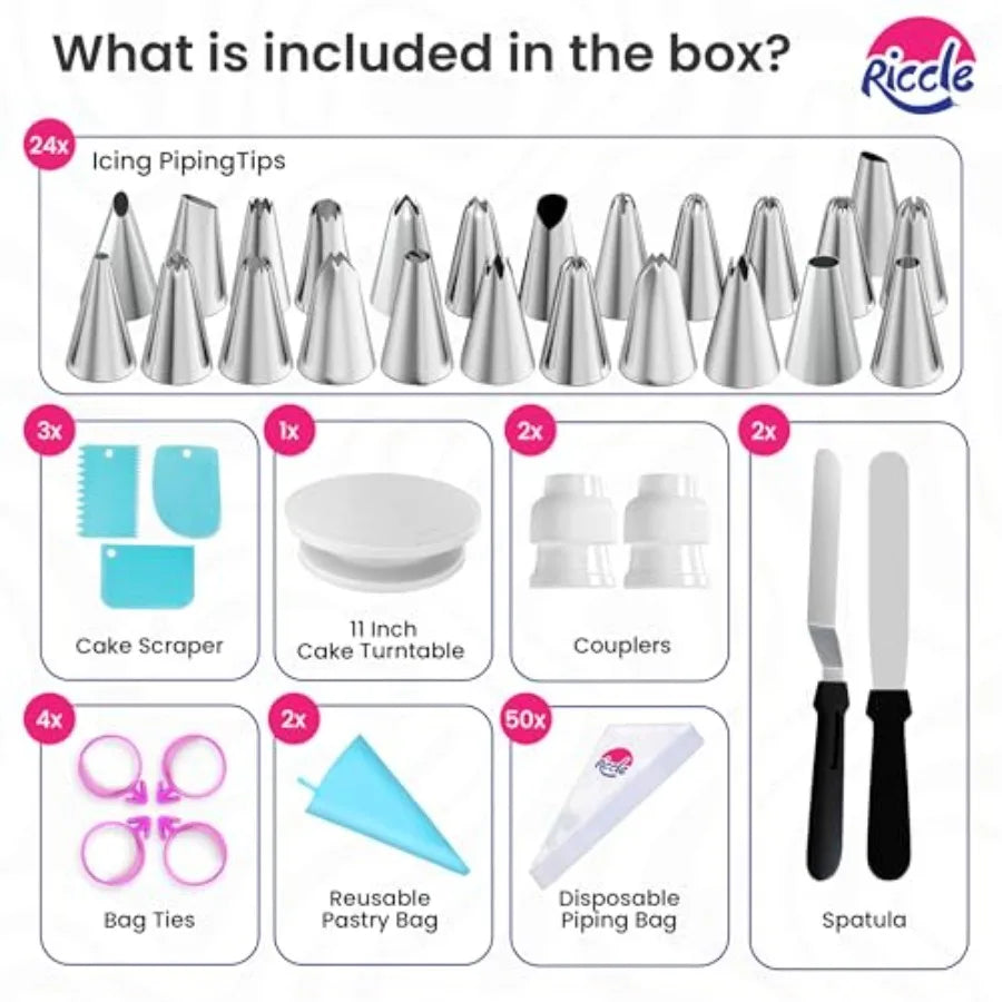 88 pcs Cake Decorating Kit with Cake Turntable - Includes 50 Disposable + 2 Reusable Piping Bags and Tips Set, 24 Icing Piping by S And B Enterprise