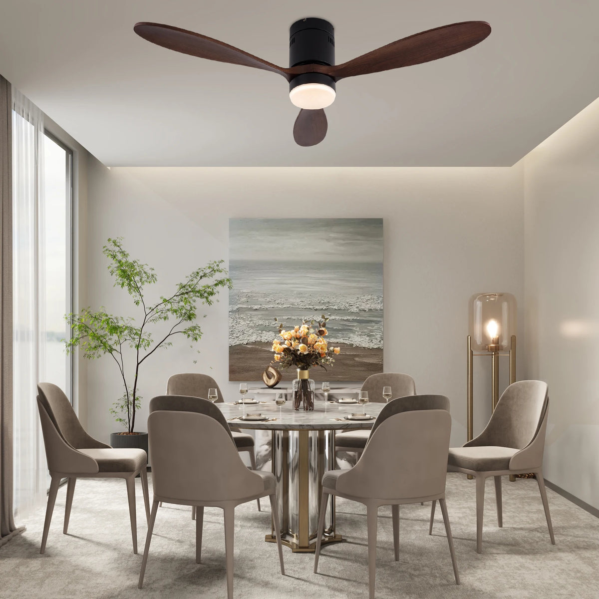 52-inch ceiling fan by S And B Enterprise with dark wood blades and dimmable LED light