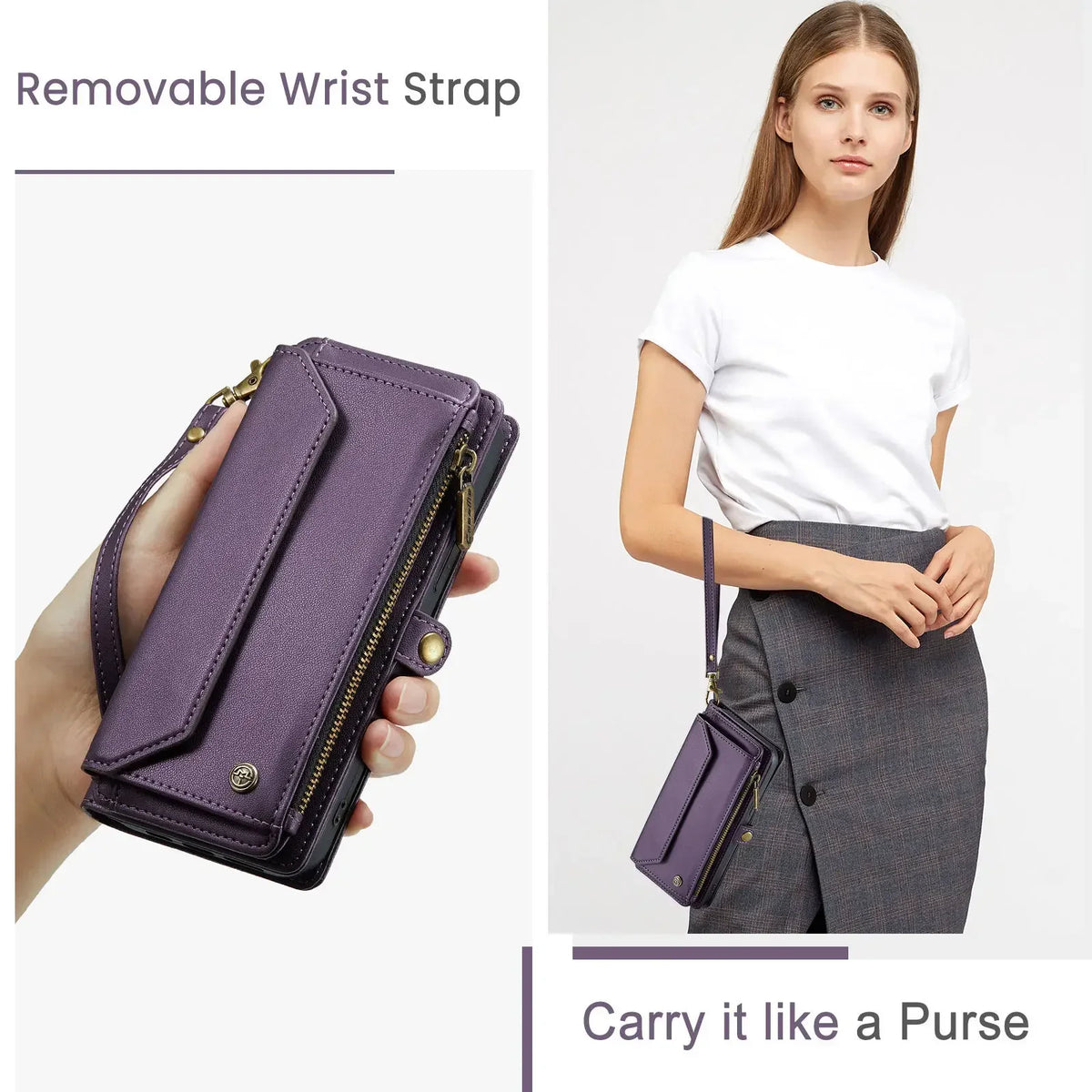 Purple crossbody wallet case for iPhone by S And B Enterprise with RFID blocking, 7-card slots and zipper bill slot