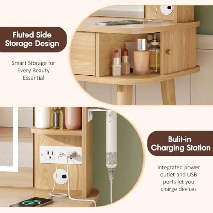 Vanity Desk With Mirror Lights And Power Outlet Storage