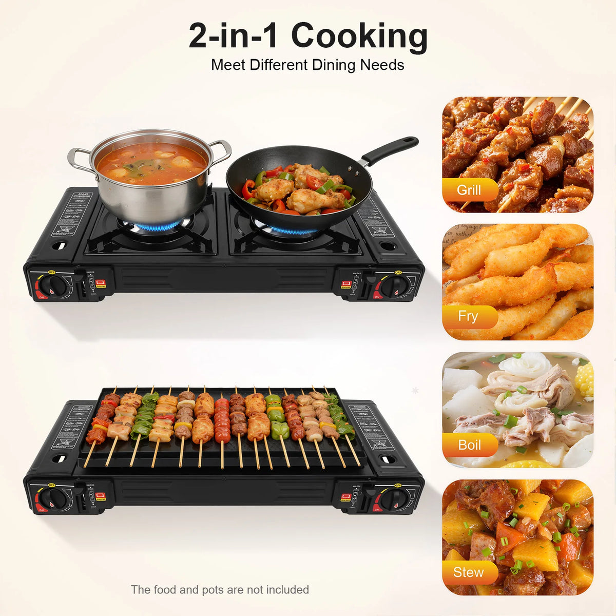 2500W portable camping stove by S And B Enterprise, 2-burner with metal pot and frying pan