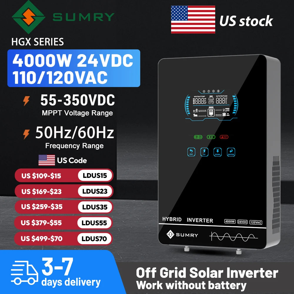 SUMRY Hybrid Solar Inverter 4000W 24V, 110/120VAC output, 50/60Hz