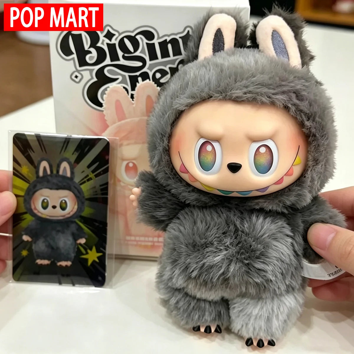 Labubu plush doll from POP MART, grey fur with bunny ears and colorful eyes, 1 piece