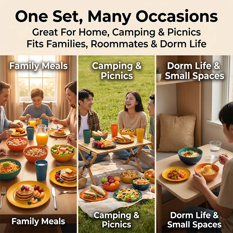 Wheat Straw Dinnerware Set For Eight Unbreakable Microwave Safe by S And B Enterprise