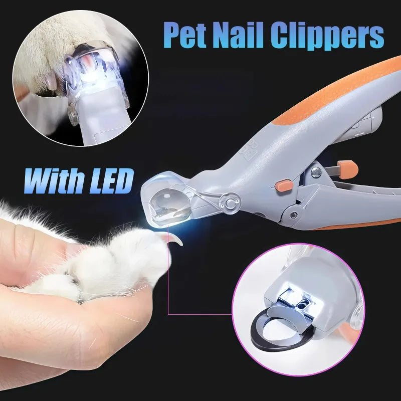 LED pet nail clipper by S And B Enterprise, gray and orange with LED light for dogs and cats.