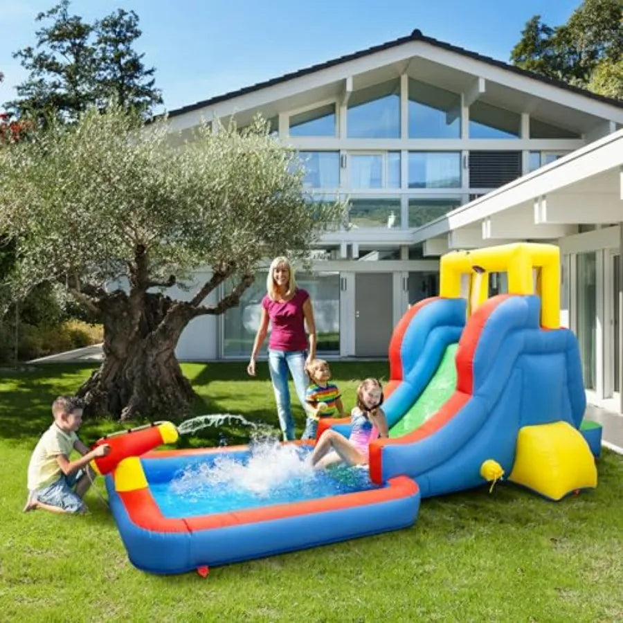 Inflatable Slide Park With Pool Splash Zone And Climbing Wall