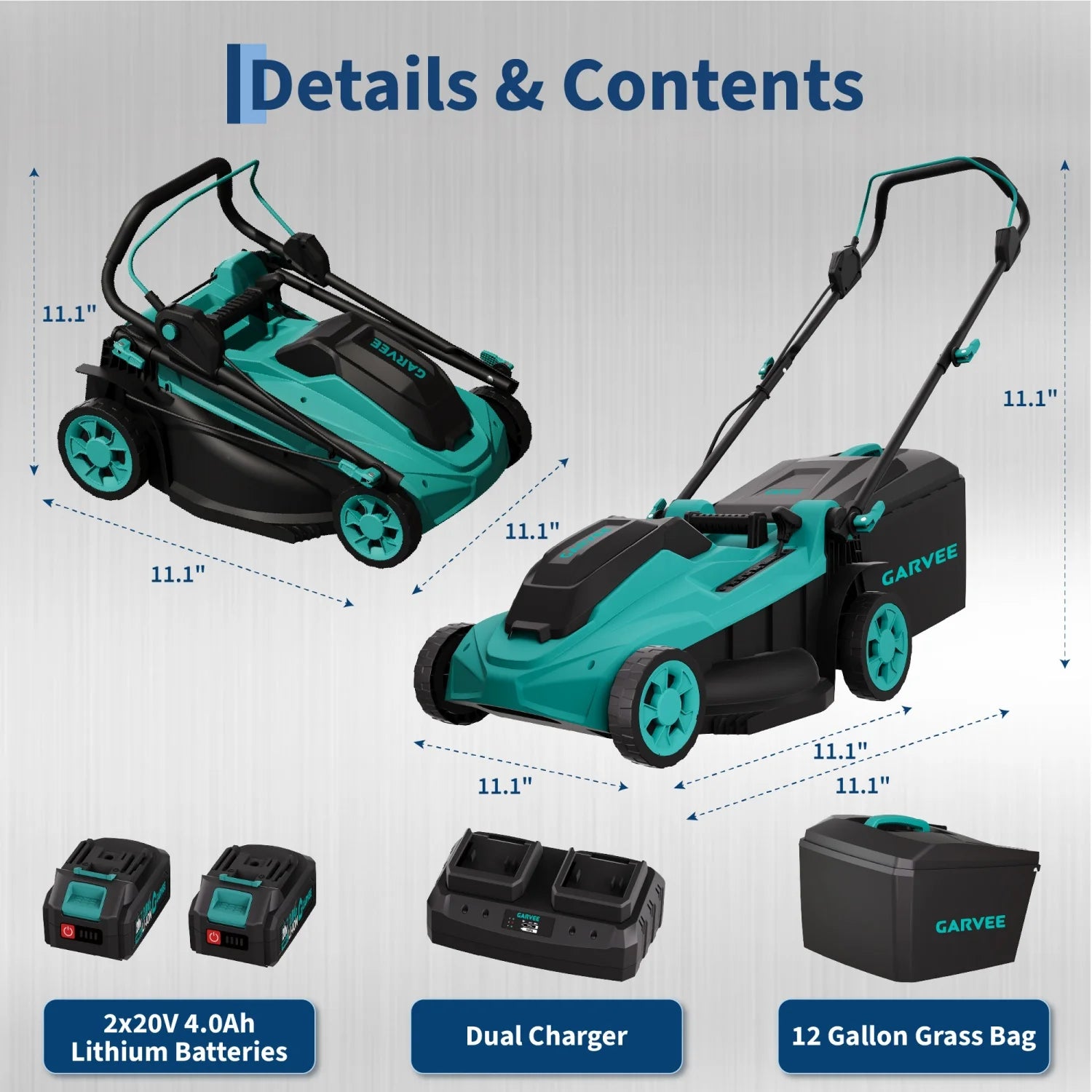 Two Garvee 17-inch cordless lawn mowers with foldable handles; teal and black, includes 2×20V 4.0Ah batteries and charger