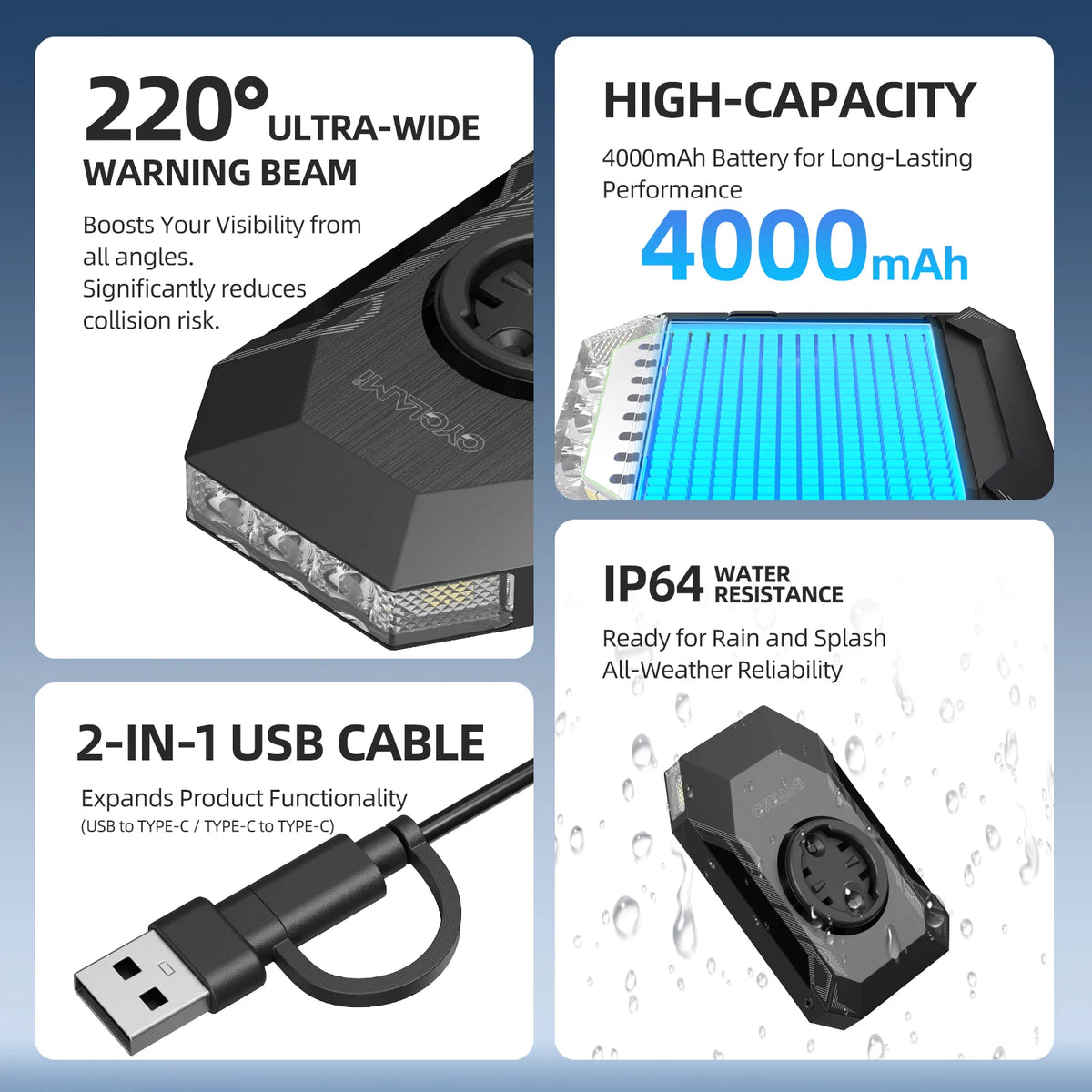 Cyclami CL350 bike headlight; black body with 4000mAh battery and 2-in-1 USB cable