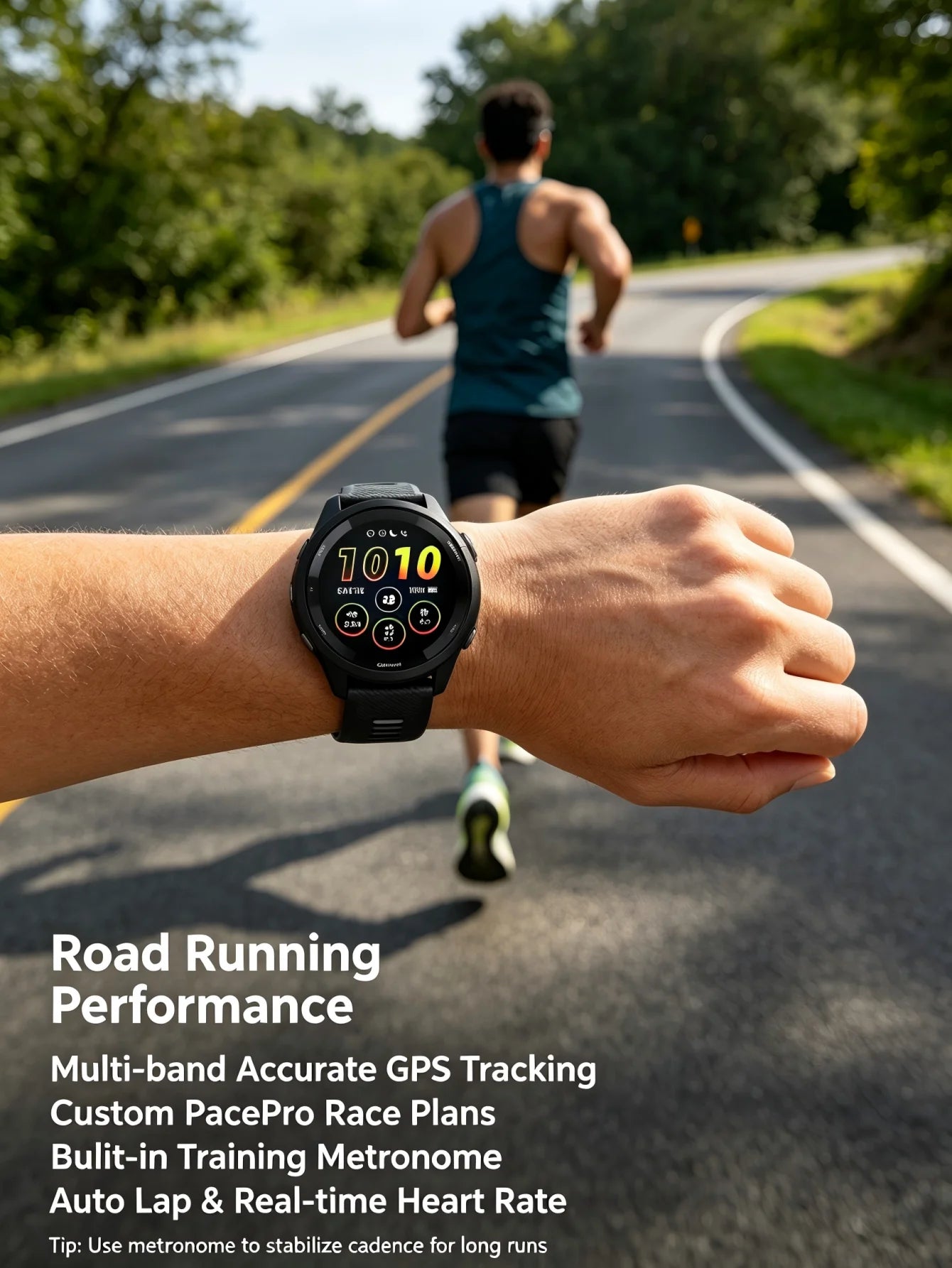 Garmin Forerunner 265 GPS running smartwatch on a runner’s wrist with black band and colorful display.