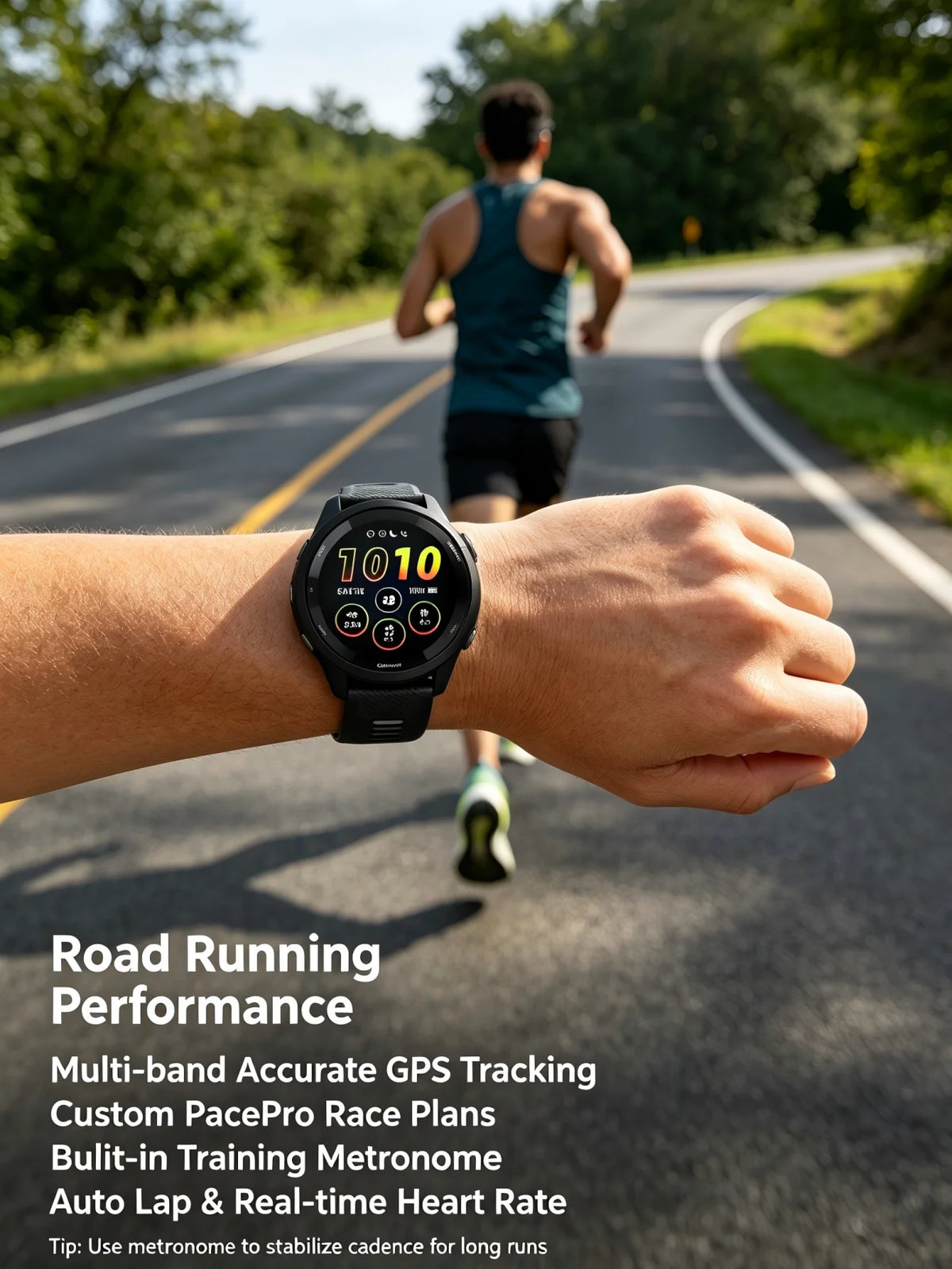 Garmin Forerunner 265 GPS running smartwatch on a runner’s wrist with black band and colorful display.