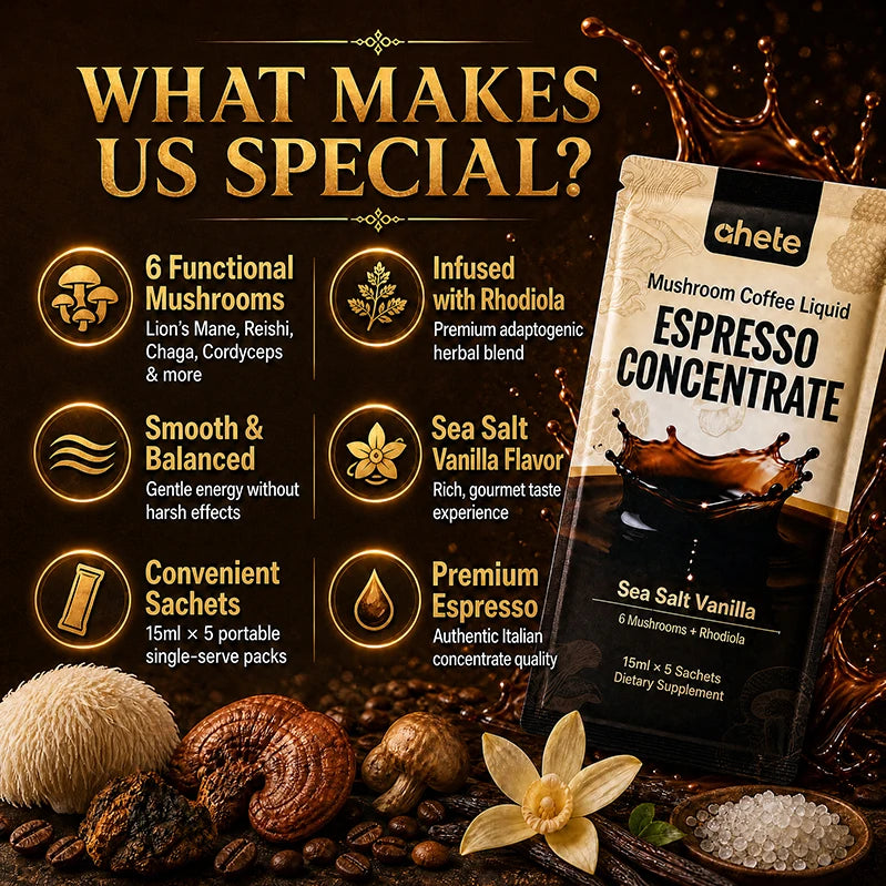 AHETE Mushroom Coffee Liquid Espresso Concentrate by S And B Enterprise, Sea Salt Vanilla flavor, 15 ml x 5 sachets.