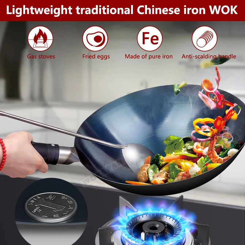 32/34cm Seasoning Blue Iron Wok Uncoated Nonstick Pot Lightweight Classic Chef Wok Outdoor Kitchen Cookware for Gas Stove by S And B Enterprise