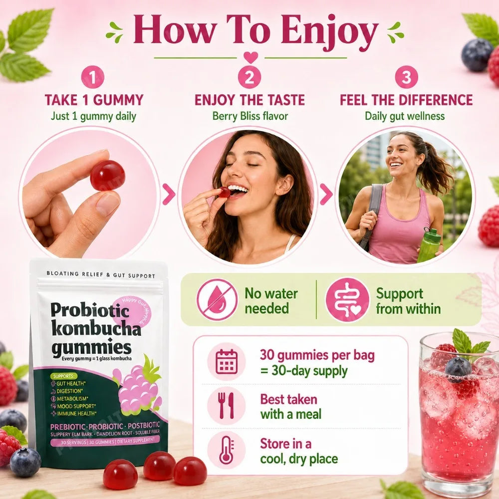 Probiotic Kombucha Gummies Every Gummy 1 Glass Kombucha Prebiotic Postbiotic Digestive Gut Health Vegan Berry Bliss 30 Gummies by S And B Enterprise
