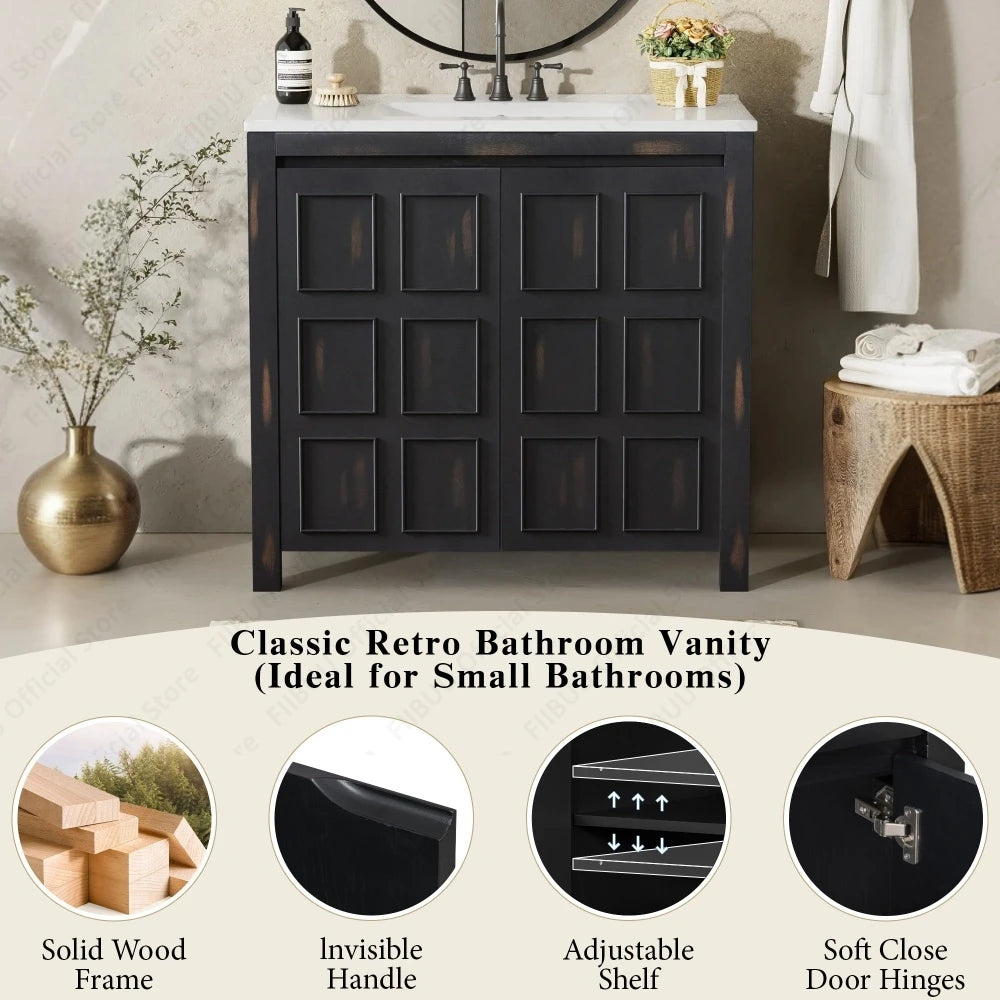 Bathroom vanity cabinet 36 inch solid wood with ceramic sink, dark finish, soft-close doors by S And B Enterprise