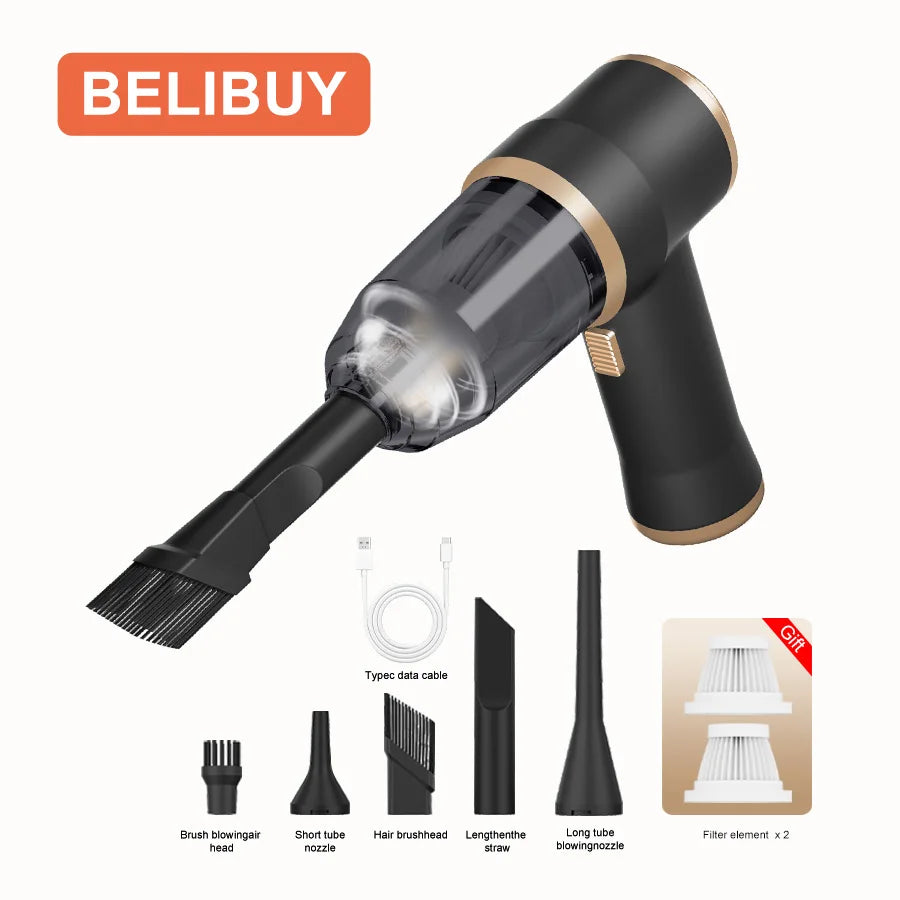 Cordless car vacuum cleaner by BELIBUY in black with gold trim; includes nozzle, brush head, extension wand and filters.