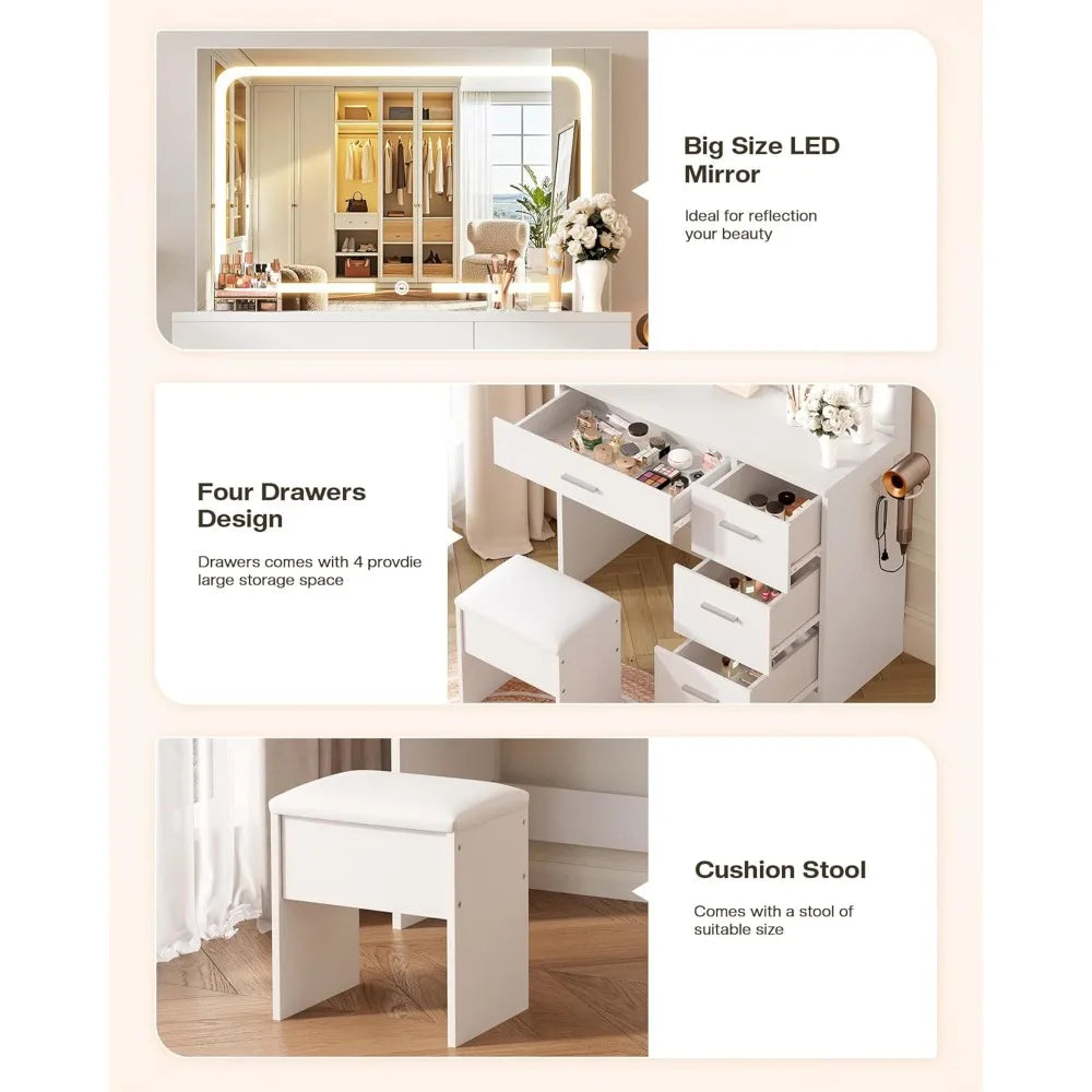 Makeup Vanity Desk with Charging Station & LED Mirror – 35.4" Vanity Set with 4 Drawers, 3 Lighting Modes – Modern, Customized