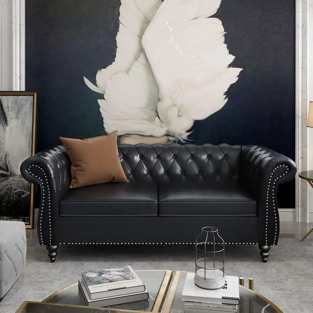 Chesterfield Leather Sofa And Loveseat Set With Scroll Arm by S And B Enterprise